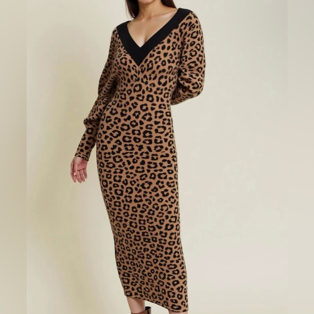 Hers & Mine Leopard 🐆 Print Long Sleeve Bodycon Midi Dress NWT SIZE Small